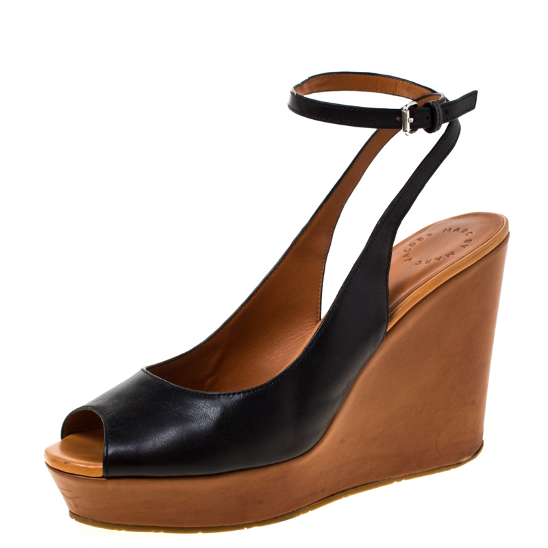

Marc by Marc Jacobs Black Leather Peep Toe Wedge Sandals Size