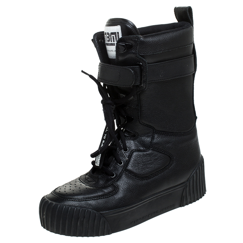 Pre Owned Marc by Marc Jacobs Black Leather Lace Up Mid Calf Boots Size 38