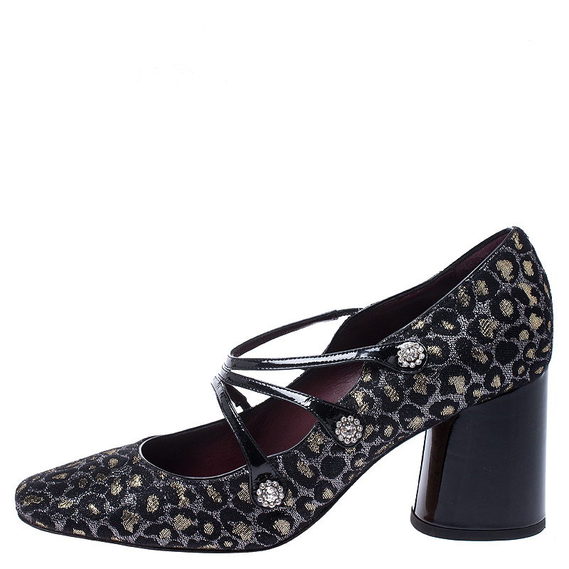

MARC by Marc Jacobs Black/Gold Leopard Print Fabric and Patent Leather Courtney 3 Strap Pumps Size