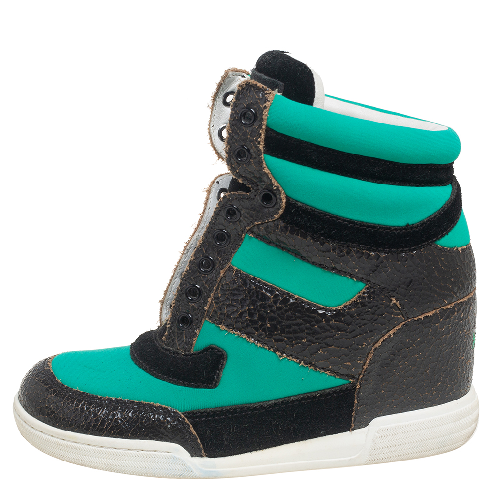 

Marc by Marc Jacobs Green/Black Neoprene, Leather and Suede High-Top Wedge Sneakers Size