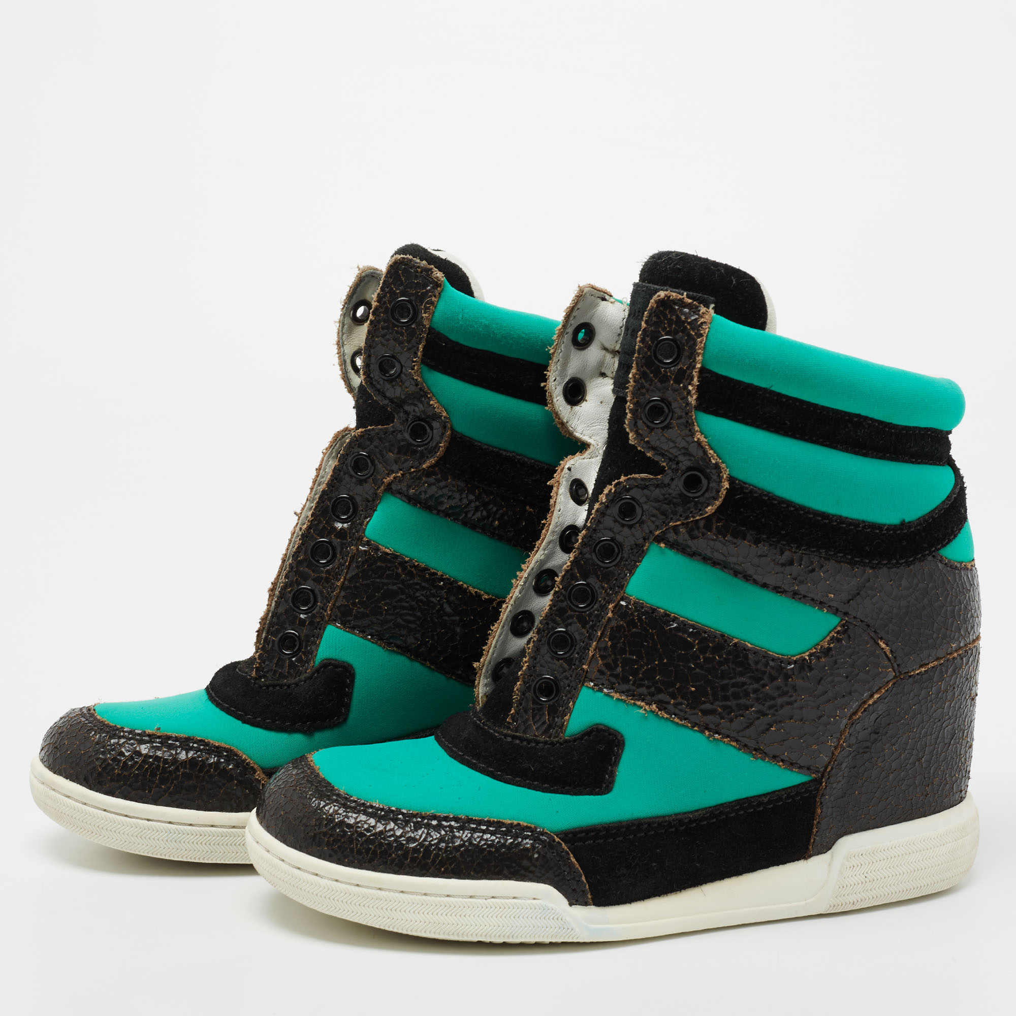

Marc by Marc Jacobs Tri Color Neoprene, Leather and Suede High-Top Wedge Sneakers Size, Green