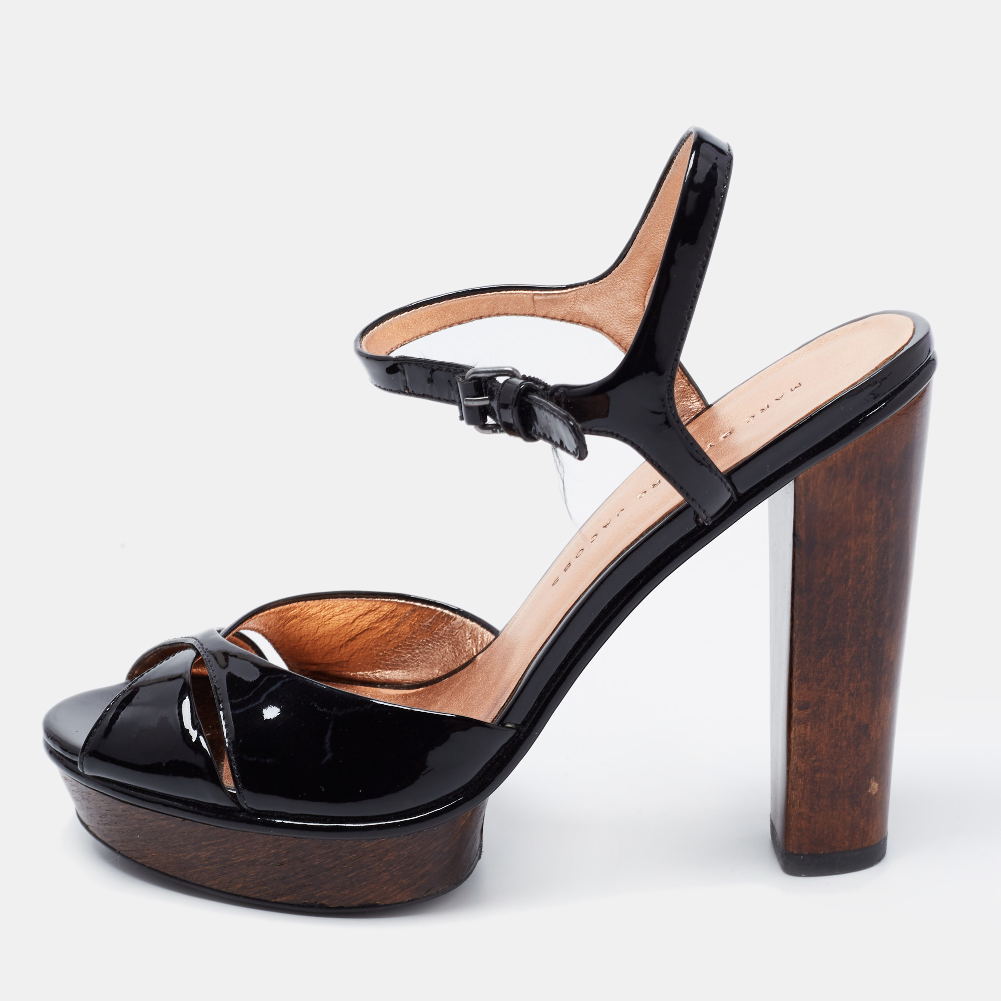 Pre-owned Marc By Marc Jacobs Black Patent Leather Ankle Strap Platform Sandals Size 37