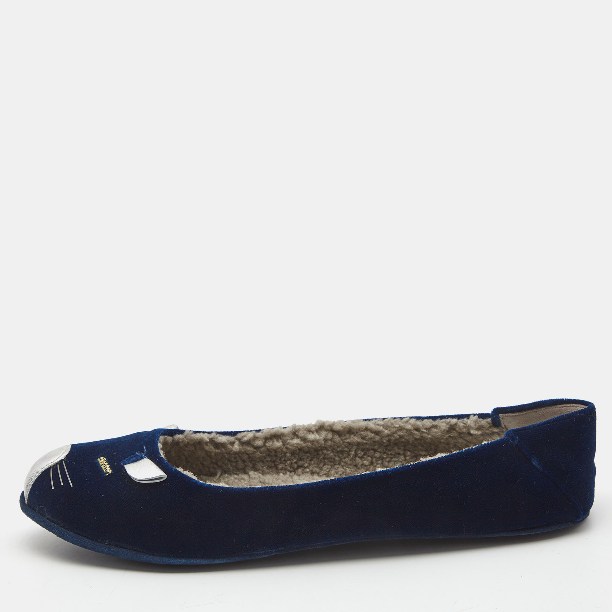 Pre-owned Marc By Marc Jacobs Navy Blue Velvet And Leather Cat Ballet Flats Size 36.5
