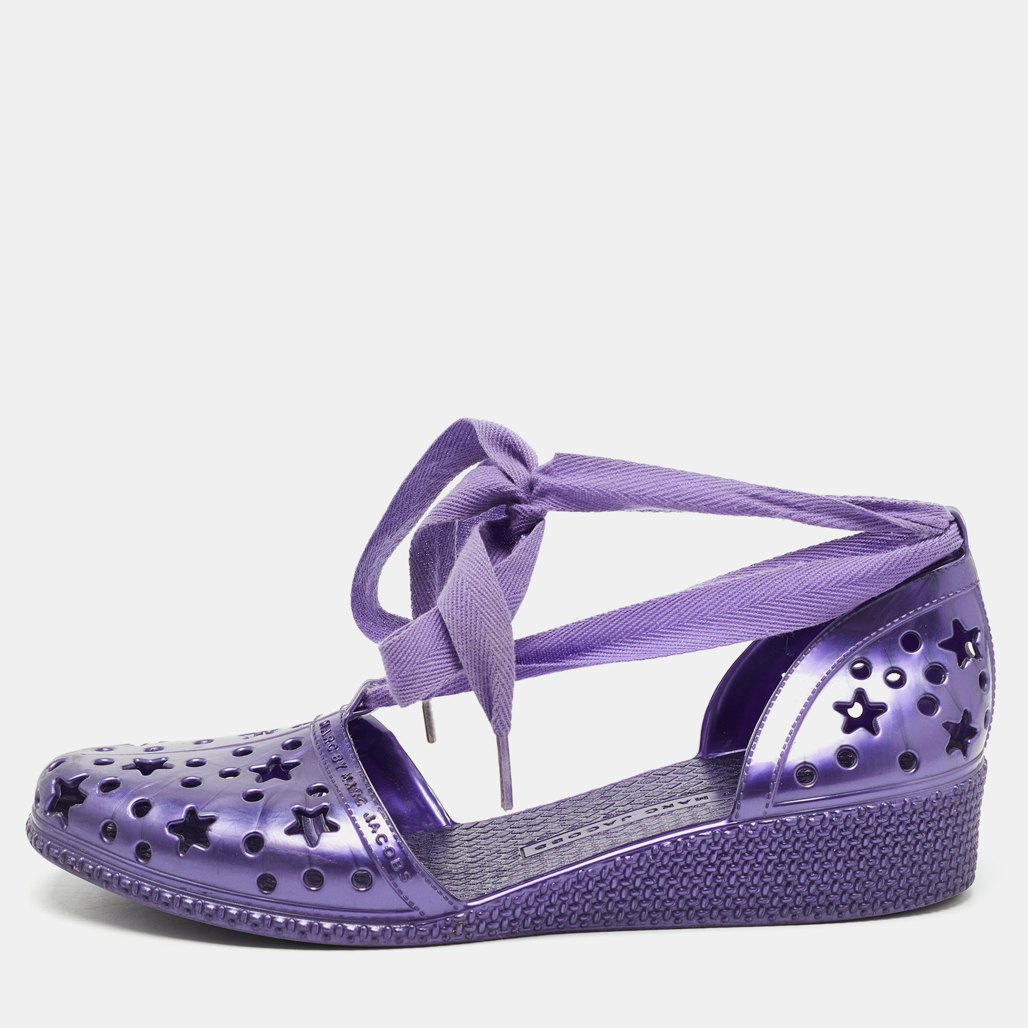 Pre-owned Marc By Marc Jacobs Purple Laser Cut Rubber Ankle Tie Flats Size 37