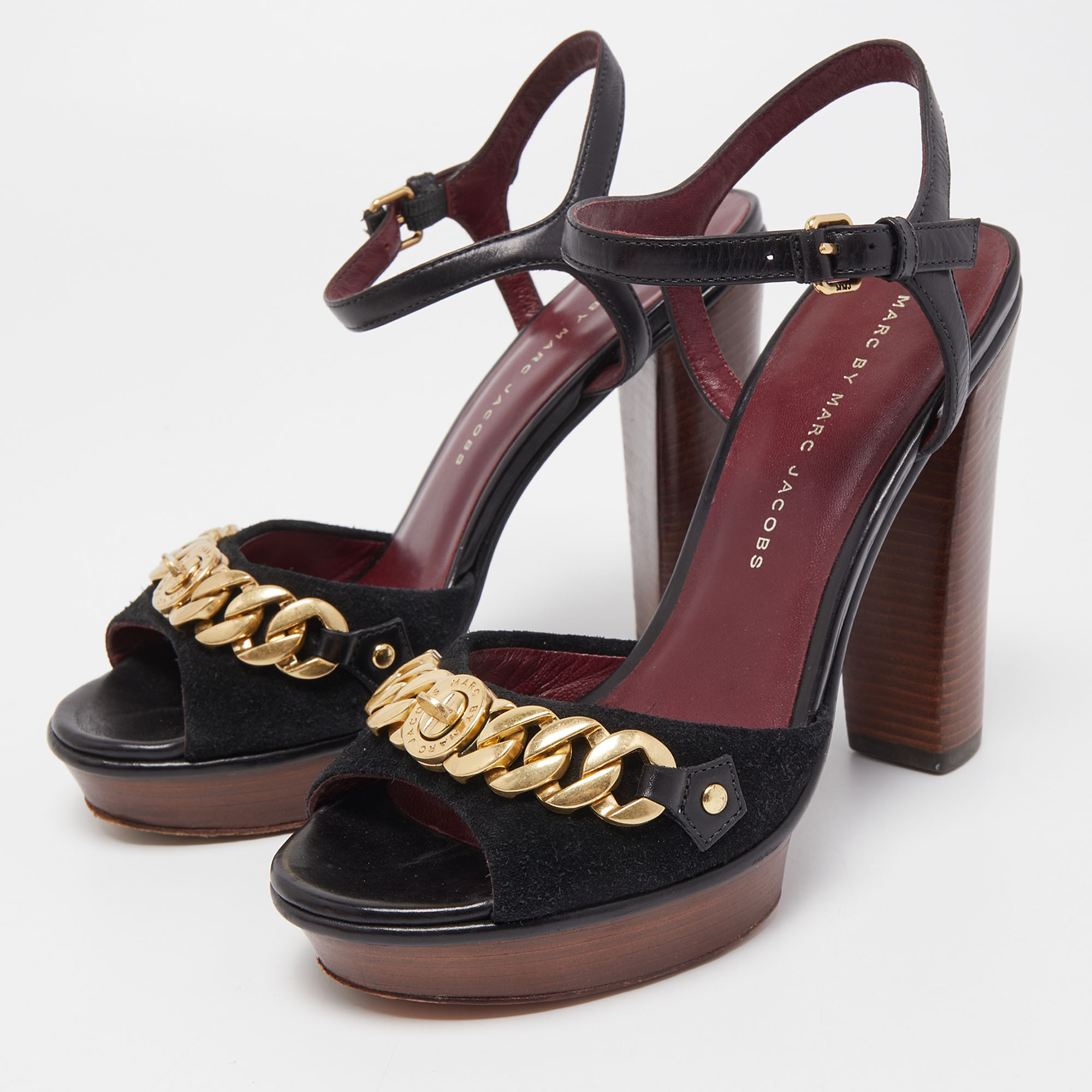 

Marc by Marc Jacobs Black Suede and Leather Chain Details Platform Ankle Strap Sandals Size