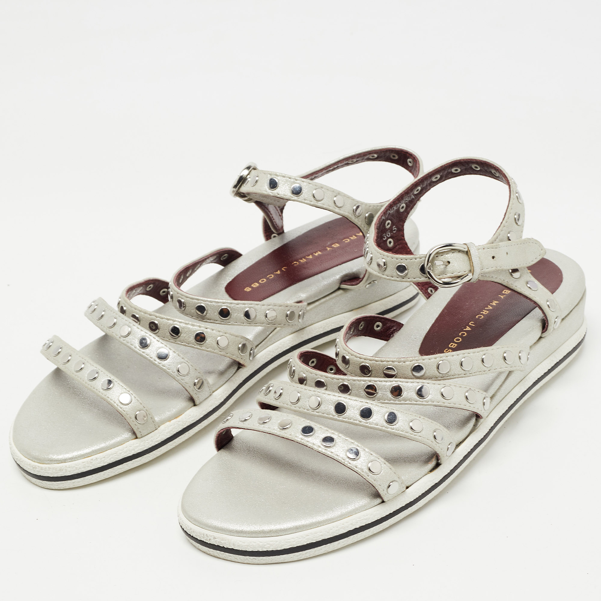 

Marc by Marc Jacobs Silver Leather Gena Studded Ankle Strap Sandals Size