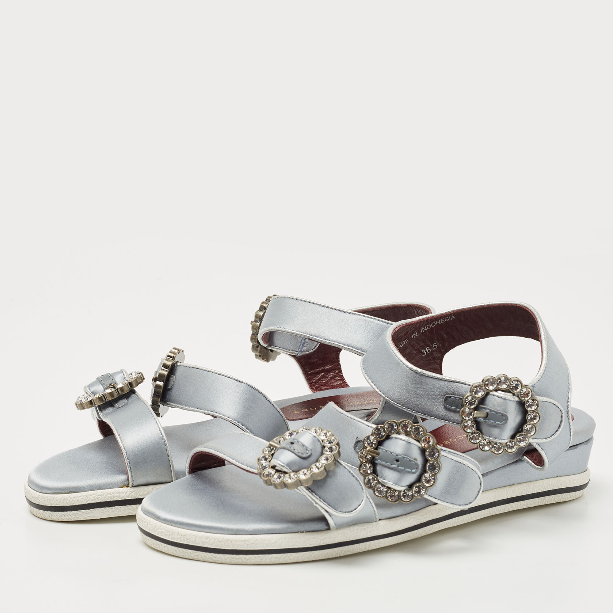 

Marc By Marc Jacobs Pale Blue Satin Crystal Embellished Buckle Flat Strappy Sandals Size