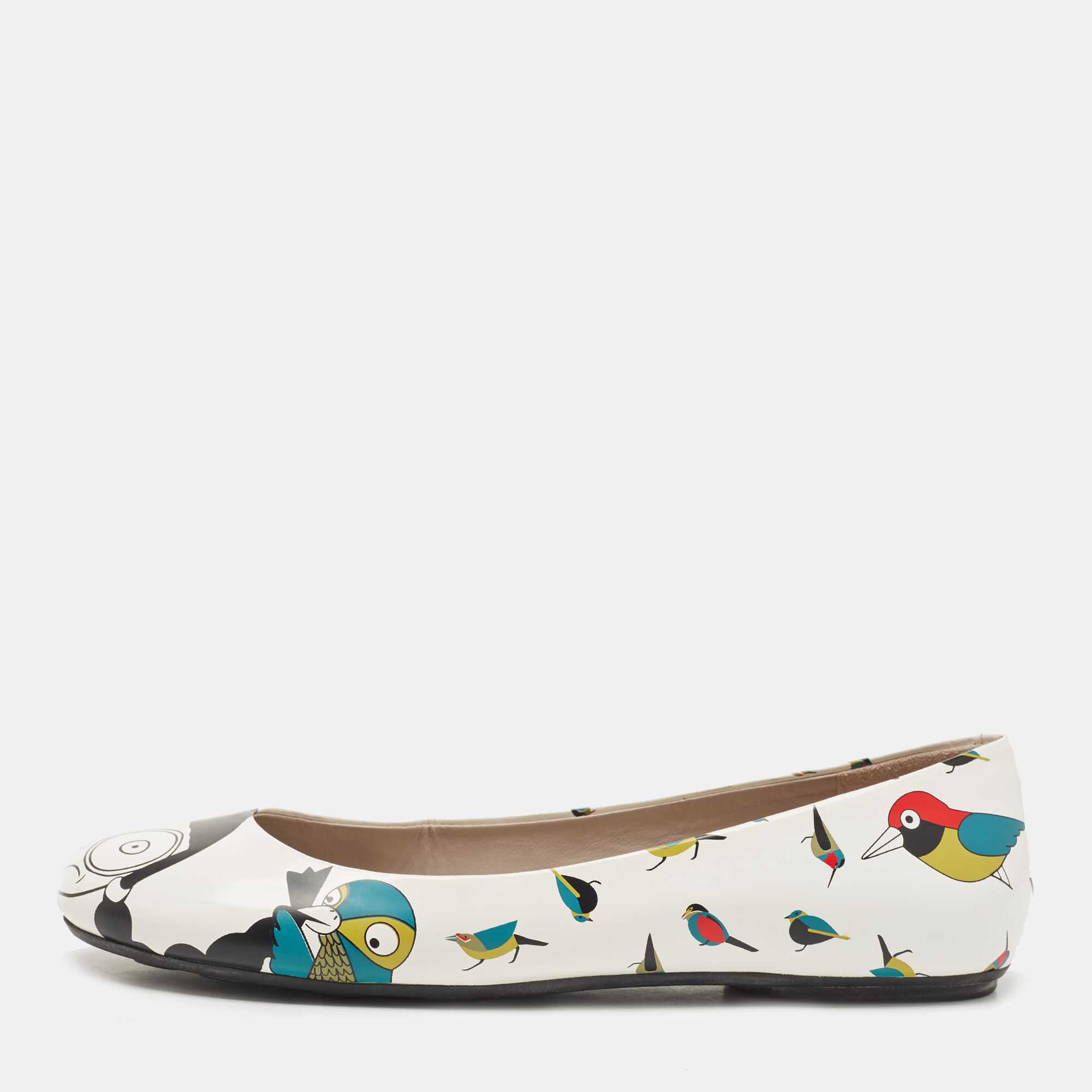

Marc by Marc Jacobs White Multicolor Bird Printed Leather Round Toe Ballet Flats Size