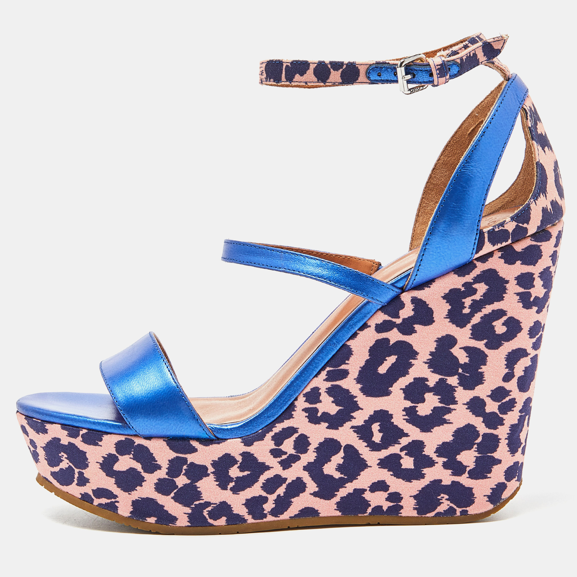 Pre-owned Marc By Marc Jacobs Blue/pink Leather And Animal Print Fabric Wedge Ankle Strap Sandals Size 38