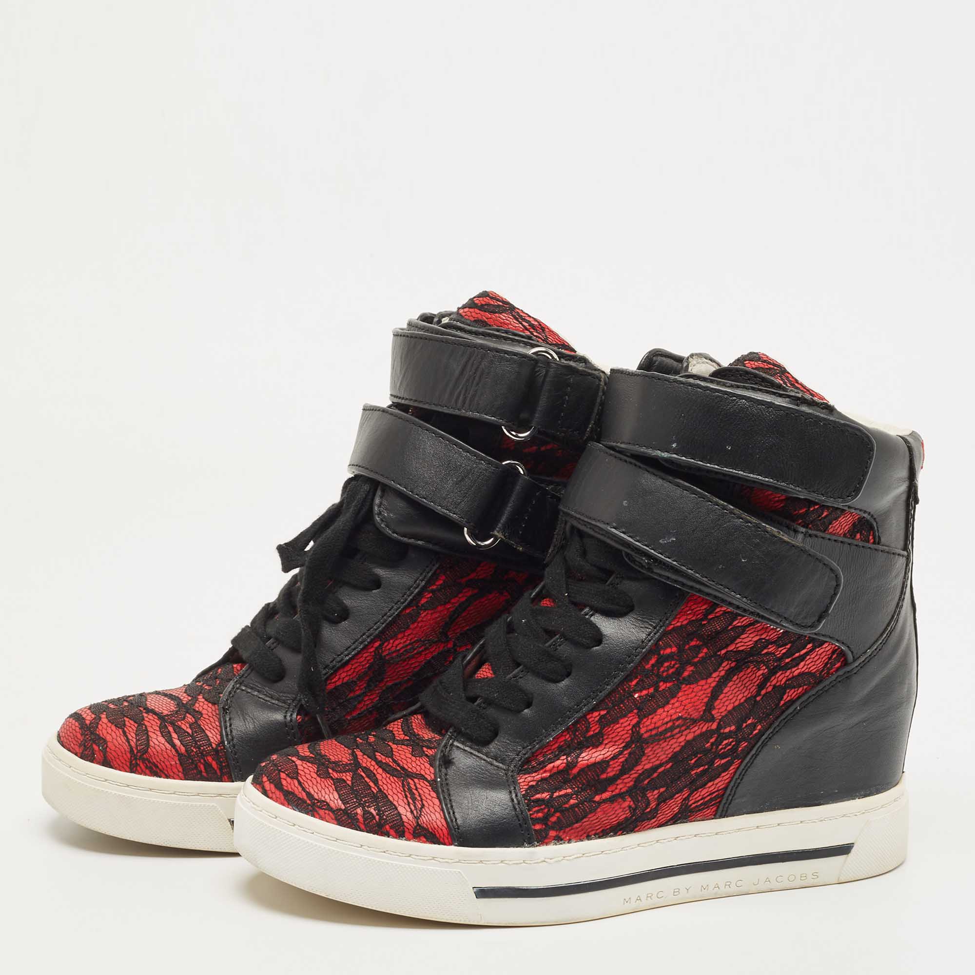

Marc by Marc Jacobs Black/Red Leather and Lace Detail Sneakers Size