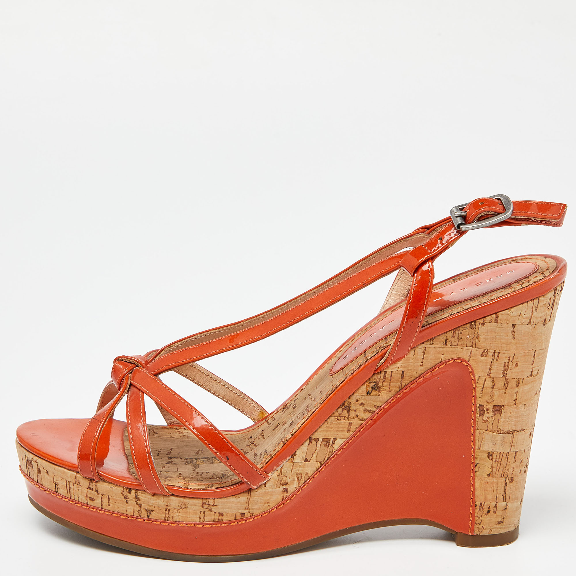 Pre-owned Marc By Marc Jacobs Orange Patent Leather Cork Wedge Slingback Sandals Size 37.5