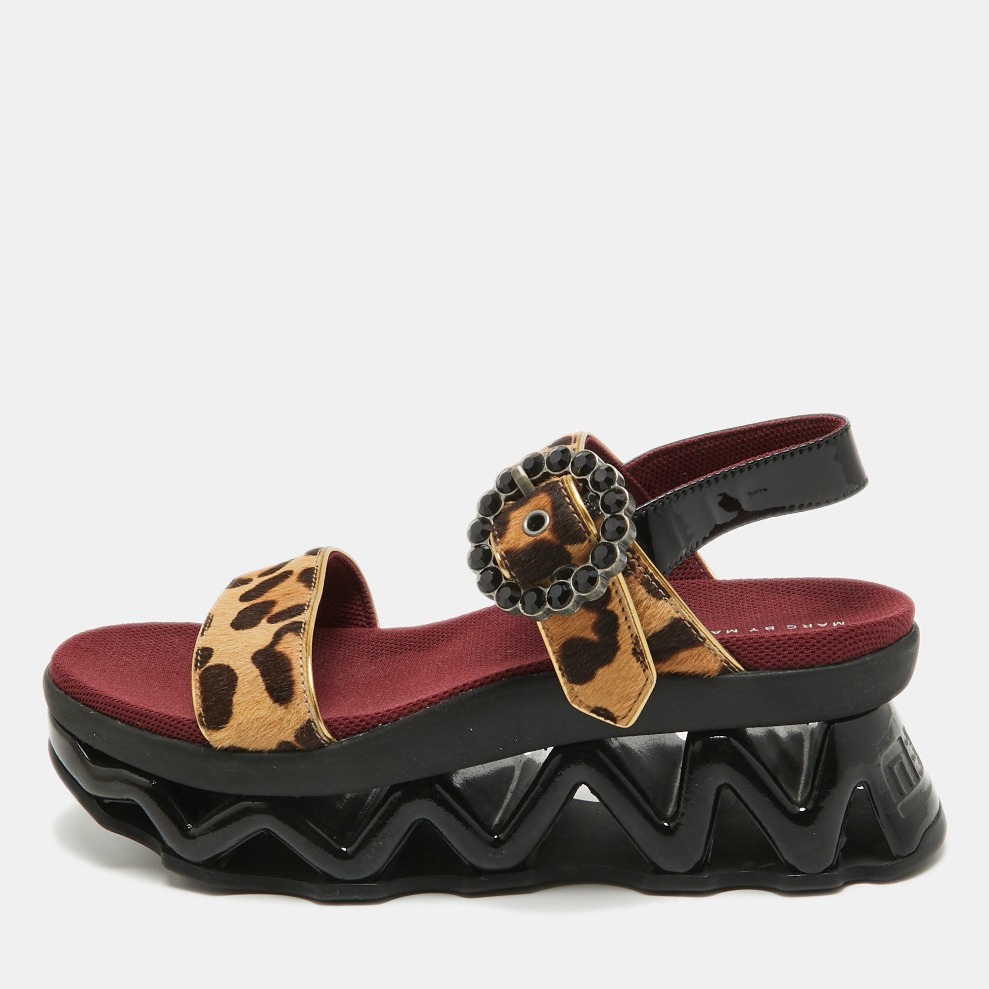 

Marc by Marc Jacobs Beige/Brown Leopard Print Calf Hair and Patent Ninja Wave Platform Sandals Size