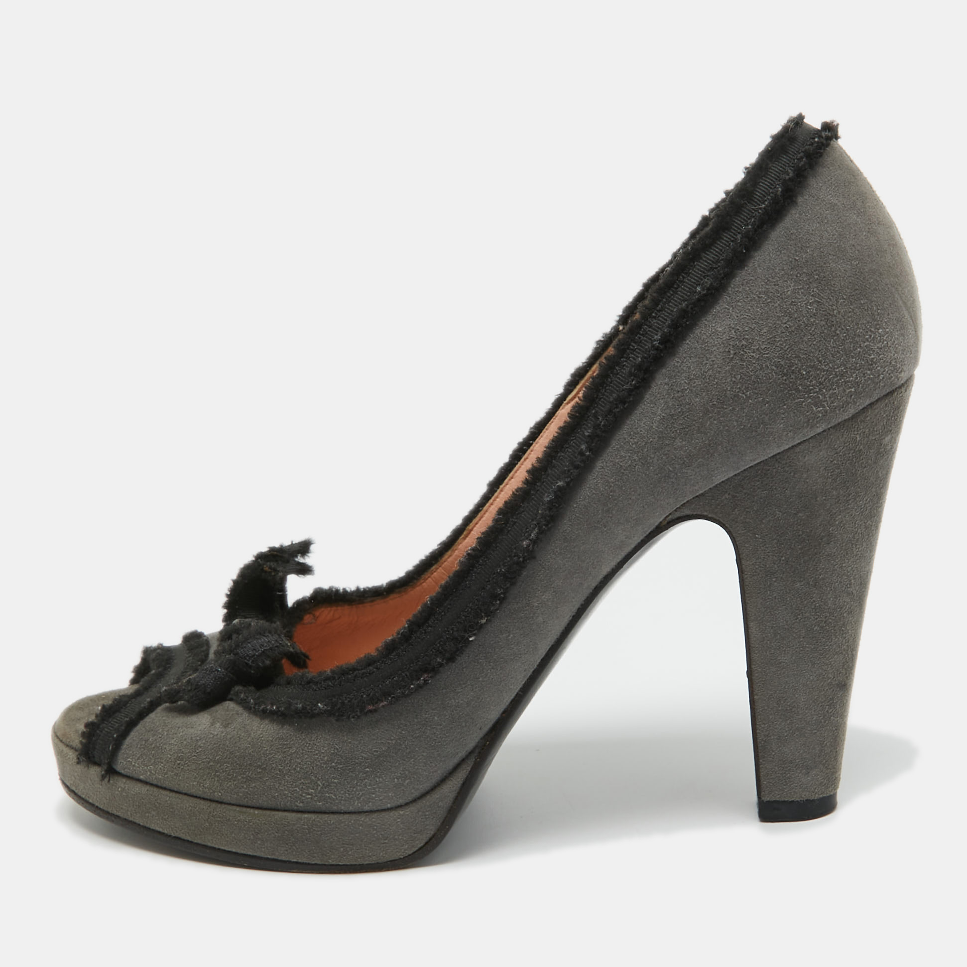 Pre-owned Marc By Marc Jacobs Grey/black Suede And Fabric Bow Peep Toe Platform Pumps Size 37