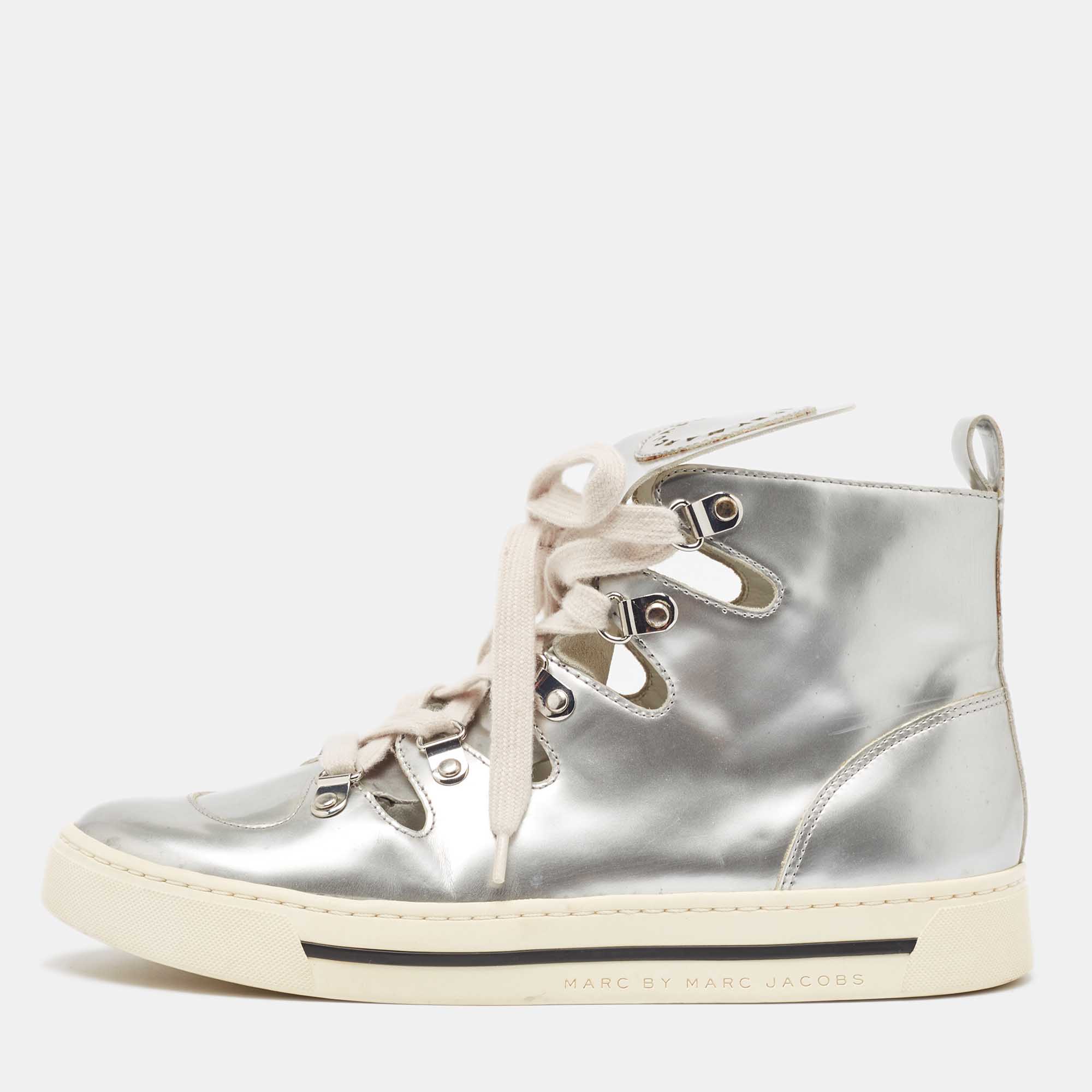Pre-owned Marc By Marc Jacobs Silver Leather Cutout High Top Sneakers Size 37