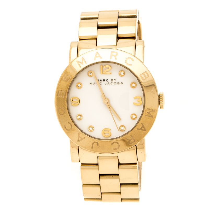 Pre Owned Marc by Marc Jacobs White Yellow Gold Plated Stainless Steel Amy MBM3056 Women's Wristwatch 36 mm