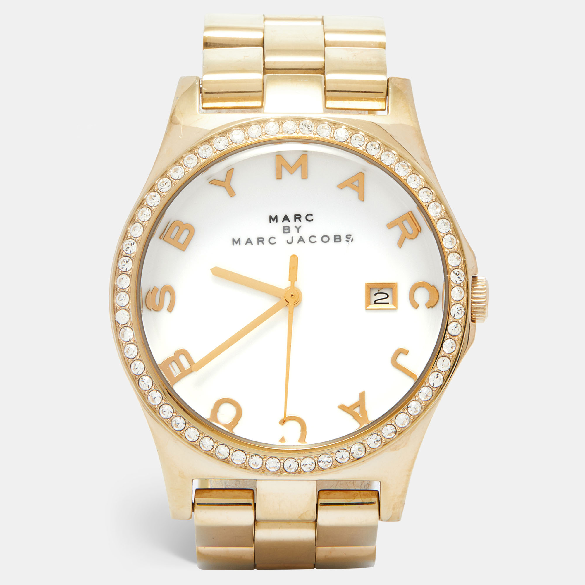 Pre-owned Marc By Marc Jacobs White Gold Pvd Coated Stainless Steel Crystal Embellished Mbm3045 Henry Women's Wristwatch 38 Mm