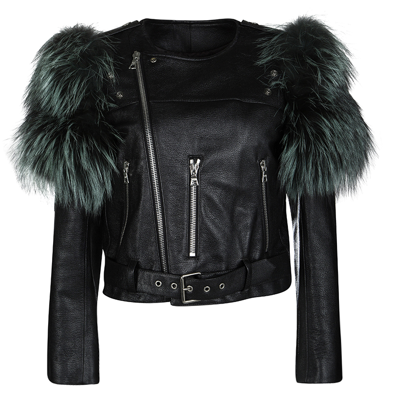 Marc Jacobs Black Goat Leather Fox Fur Trim Embellished Moto Jacket S ...