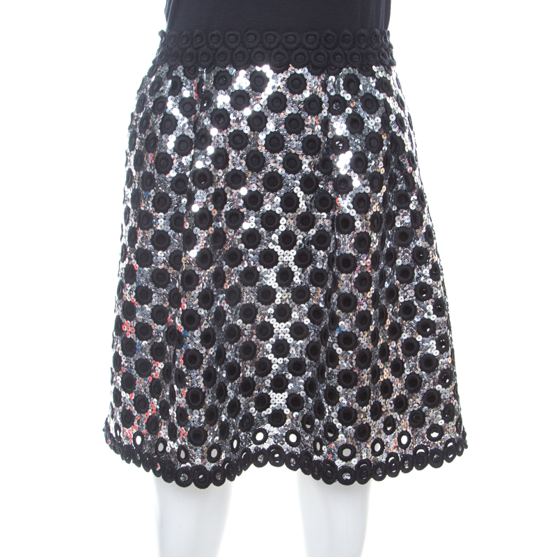 

Marc Jacobs Black and Silver Sequin Embellished Pleated A Line Skirt