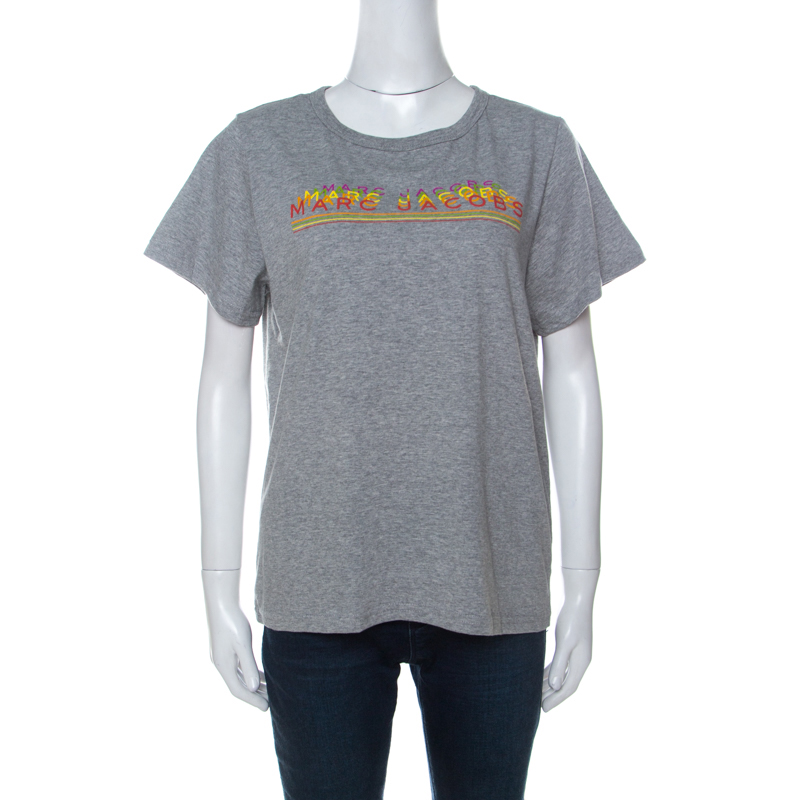 Pre Owned Marc Jacobs Grey Cotton Repeated Logo Print T Shirt L 