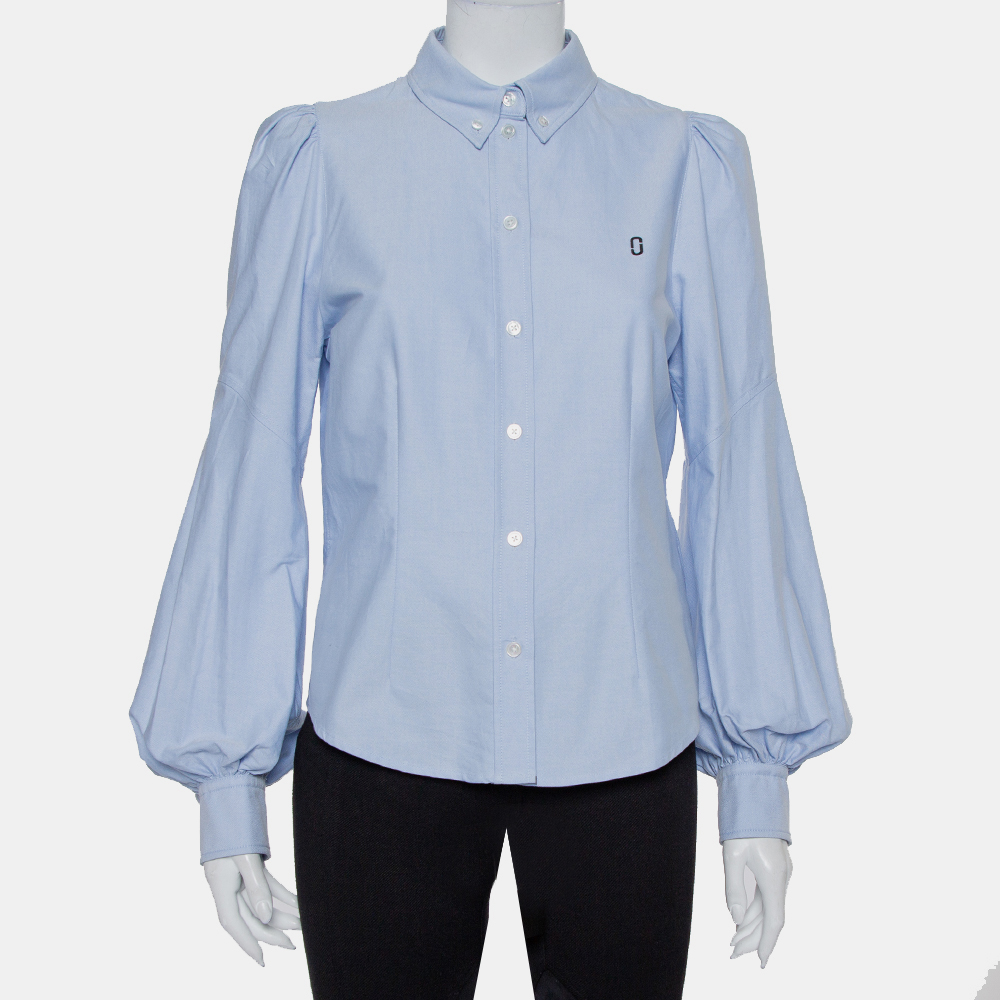 Pre-owned Marc Jacobs Blue Cotton Paneled Puff Sleeve Detail Fitted Shirt M