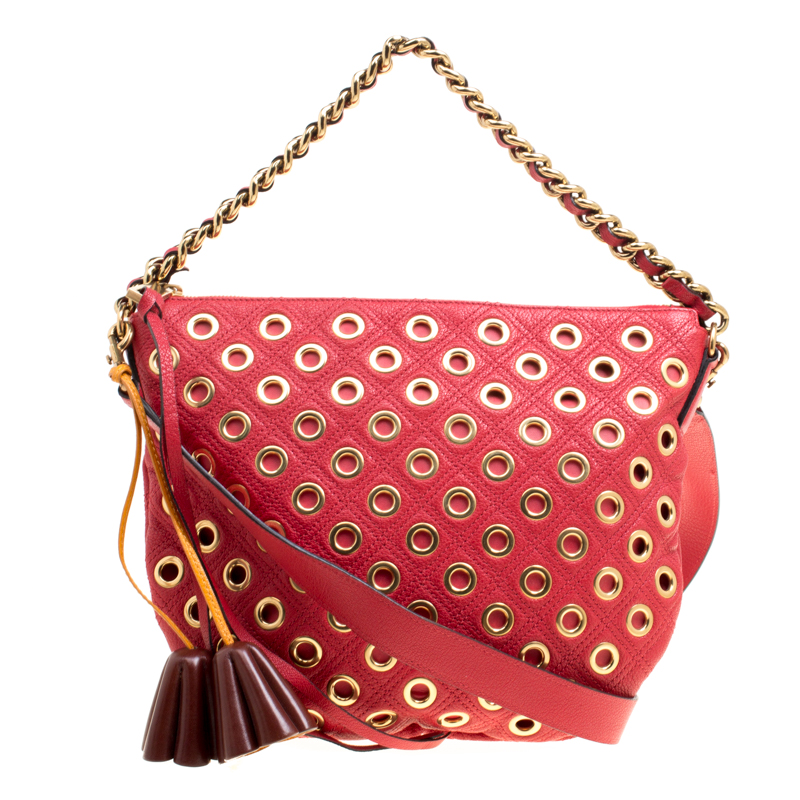 Pre Owned Marc Jacobs Red Quilted Eyelets Leather Small Nomad Hobo