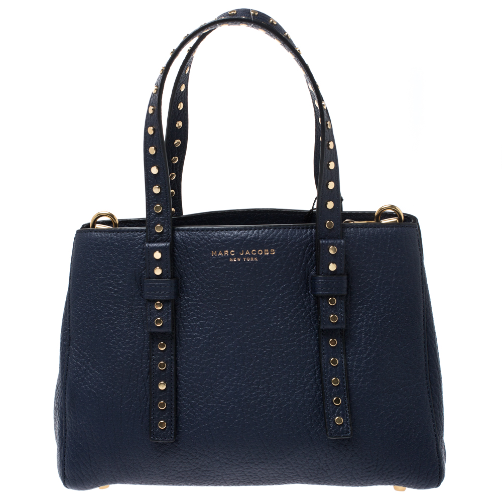 Pre Owned Marc Jacobs Midnight Blue Leather Mini T Studded Tote