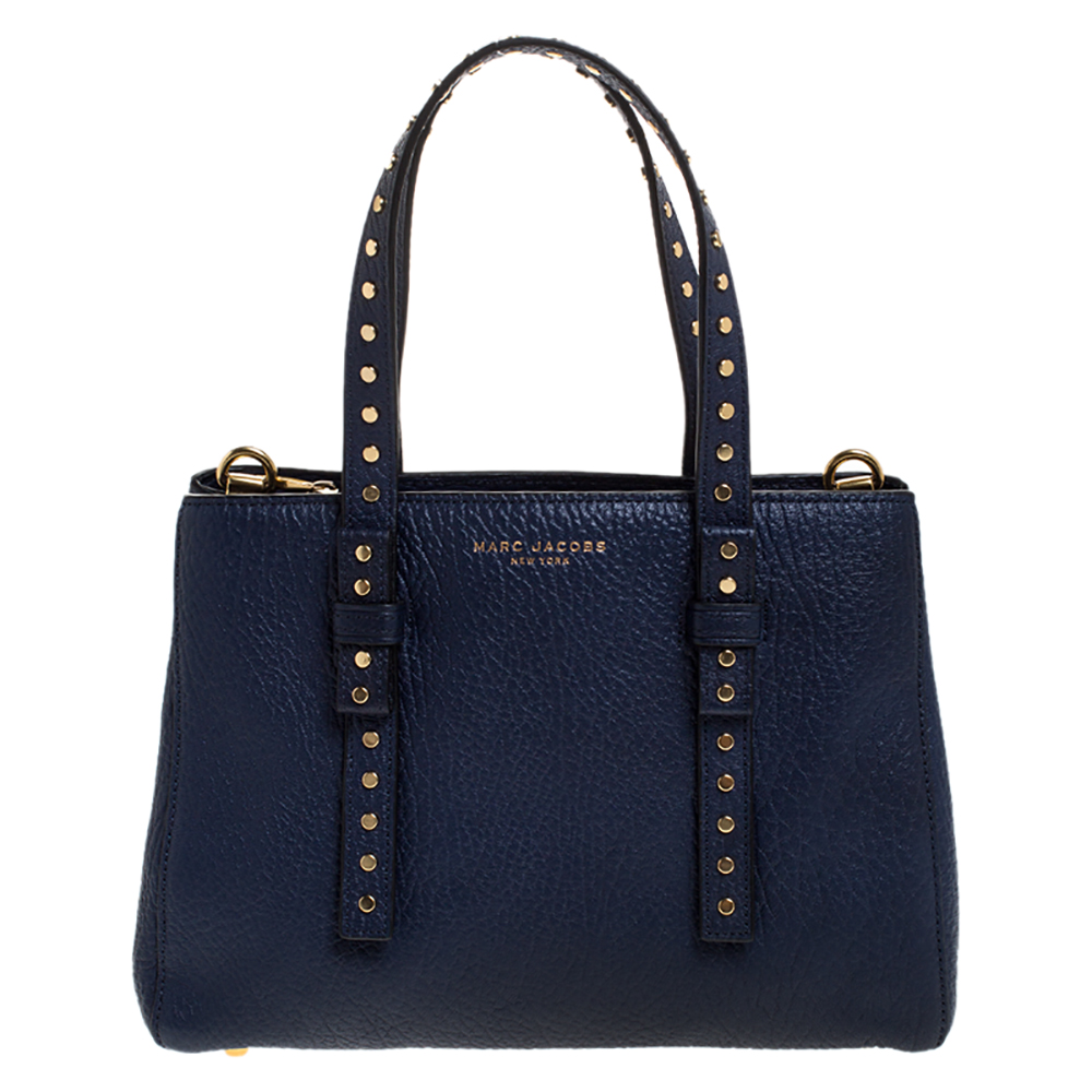 Pre Owned Marc Jacobs Midnight Blue Leather Mini T Studded Tote