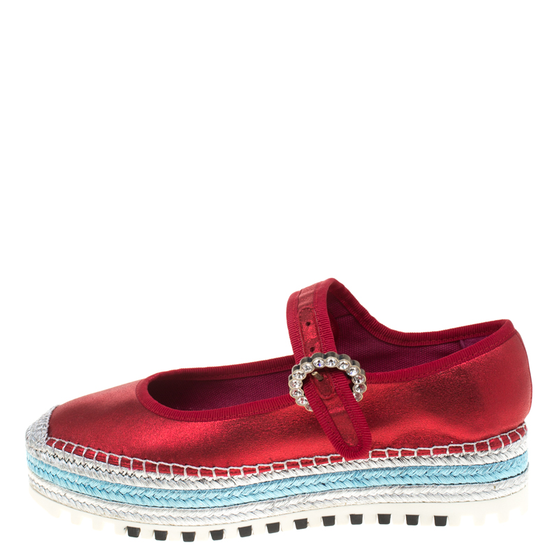 

Marc Jacobs Metallic Red Leather Suzi Crystal Embellished Brooch Mary Jane Espadrille Platforms Size