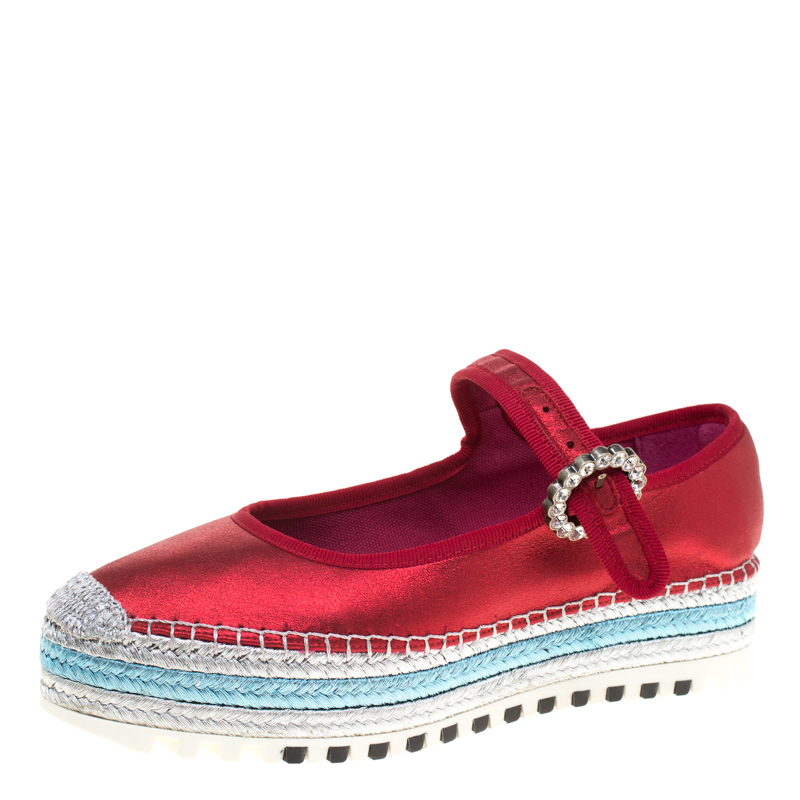 Pre Owned Marc Jacobs Metallic Red Leather Suzi Crystal Embellished Brooch Mary Jane Espadrille Platforms Size 38