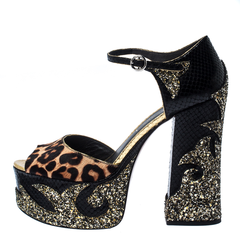 

Marc Jacobs Multicolor Embossed Leather And Leopard Print Pony Hair Glitter Platform Ankle Strap Sandals Size