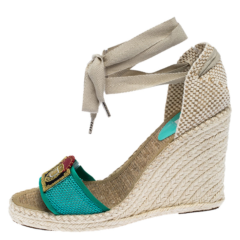 

Marc Jacobs Multicolor Canvas And Mesh Wedge Espadrilles Ankle Wrap Sandals Size