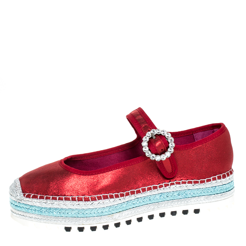 Pre Owned Marc Jacobs Metallic Red Nubuck Suzi Crystal Embellished Brooch Mary Jane Espadrille Platforms Size 39