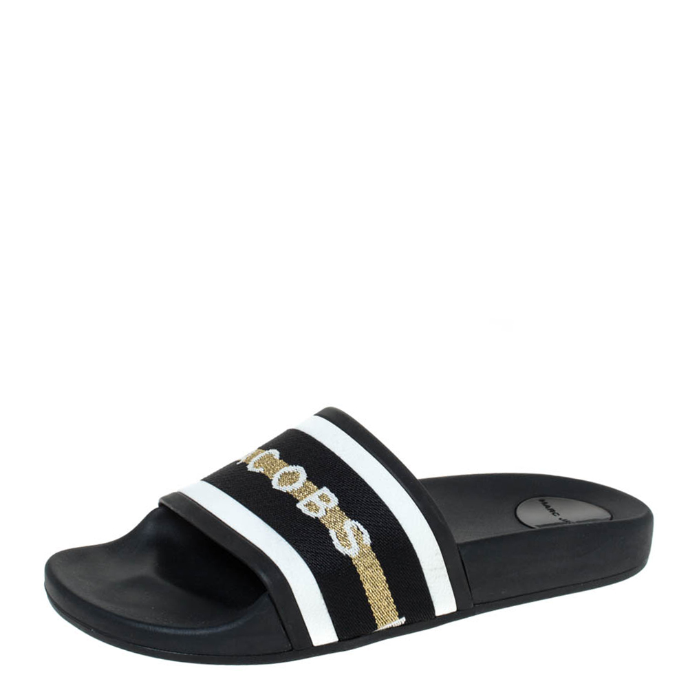 Pre Owned Marc Jacobs Monochrome Rubber Logo Web Flat Slides Size 36