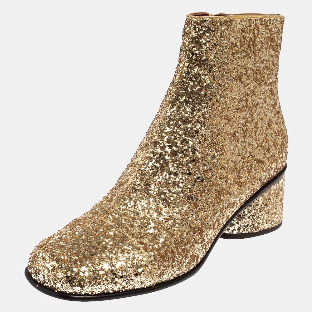 

Marc Jacobs Metallic Gold Glitter Camilla Block Heel Ankle Boots Size
