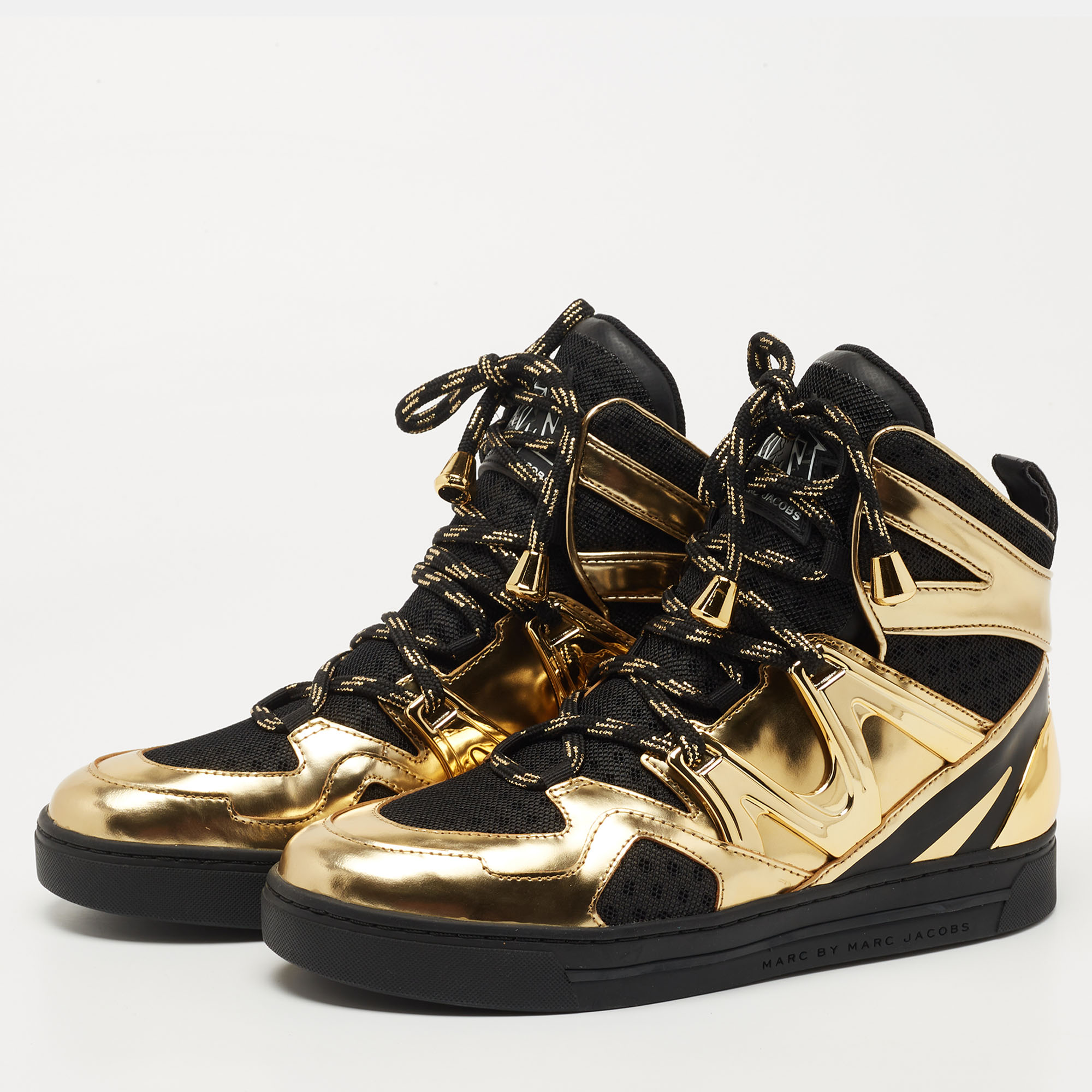 

Marc Jacobs Black/Gold Leather and Mesh High Top Sneakers Size