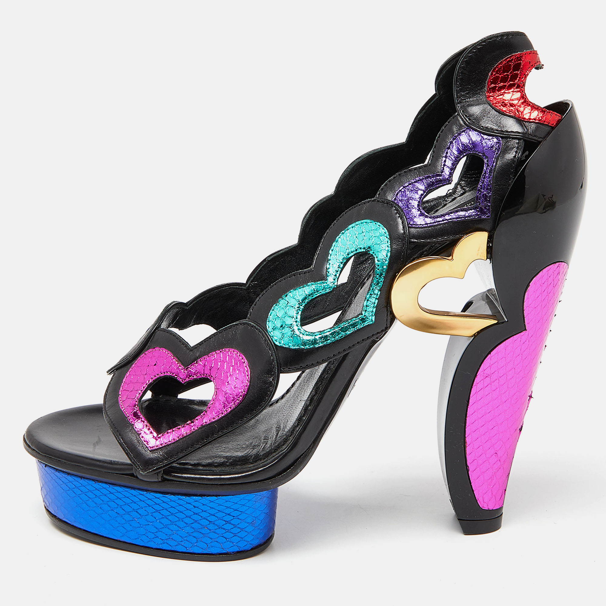Marc Jacobs Multicolor Leather and Watersnake Heart Cut Out Open Toe Platform Pumps Size 37.5