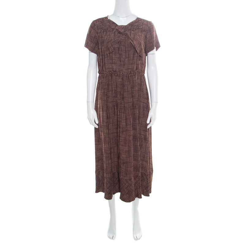 Pre Owned Marc Jacobs Brown Printed Silk Bow Detail Pleated Maxi Dress M