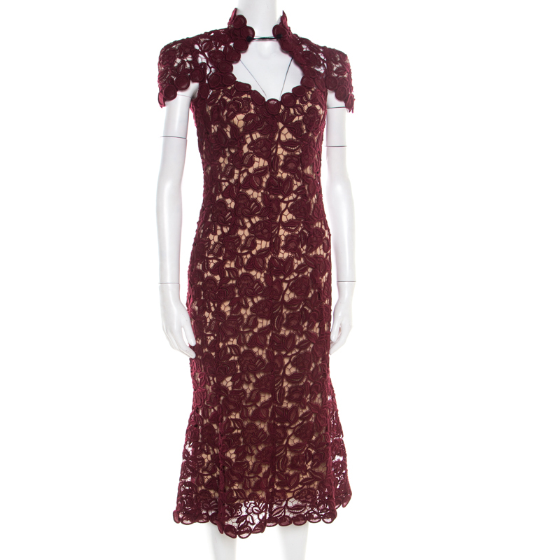 

Marc Jacobs Burgundy Rose Guipure Lace Cap Sleeve Midi Dress