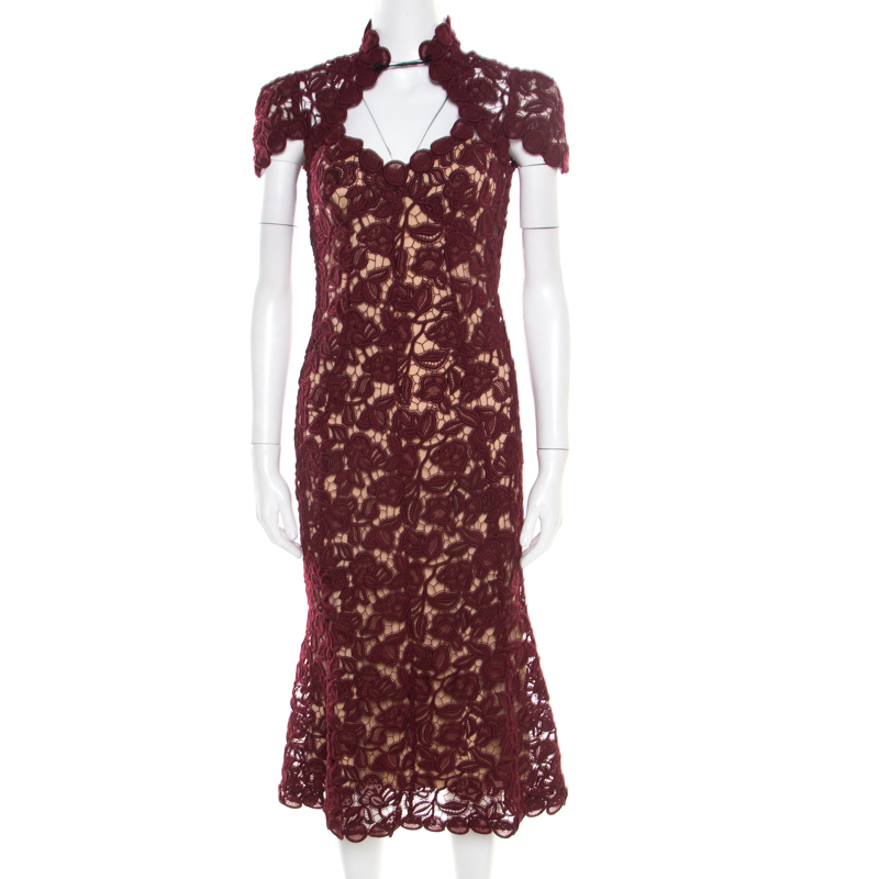 Pre Owned Marc Jacobs Burgundy Rose Guipure Lace Cap Sleeve Midi Dress S
