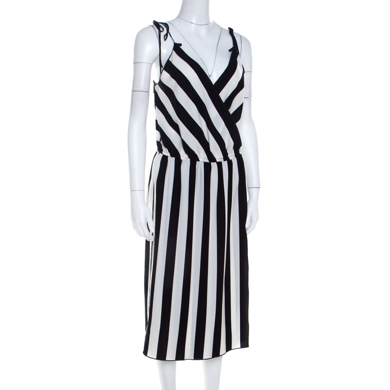 Pre-owned Marc Jacobs Monochrome Striped Crepe Faux Wrap Midi Dress M In Multicolor