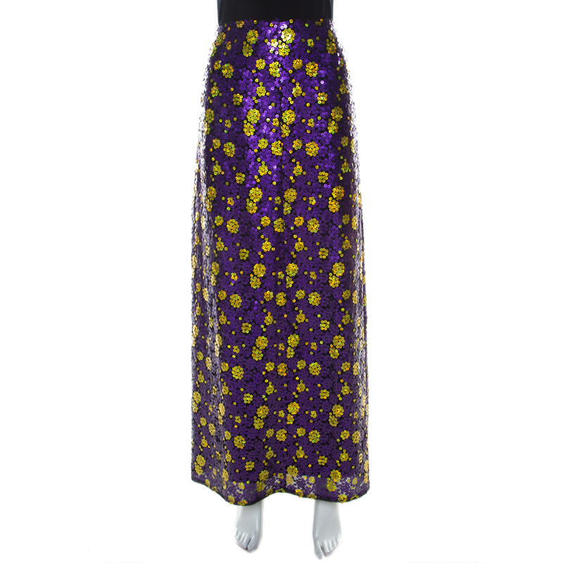 Pre Owned Marc Jacobs Purple Sequin Embellished Silk Maxi Skirt L
