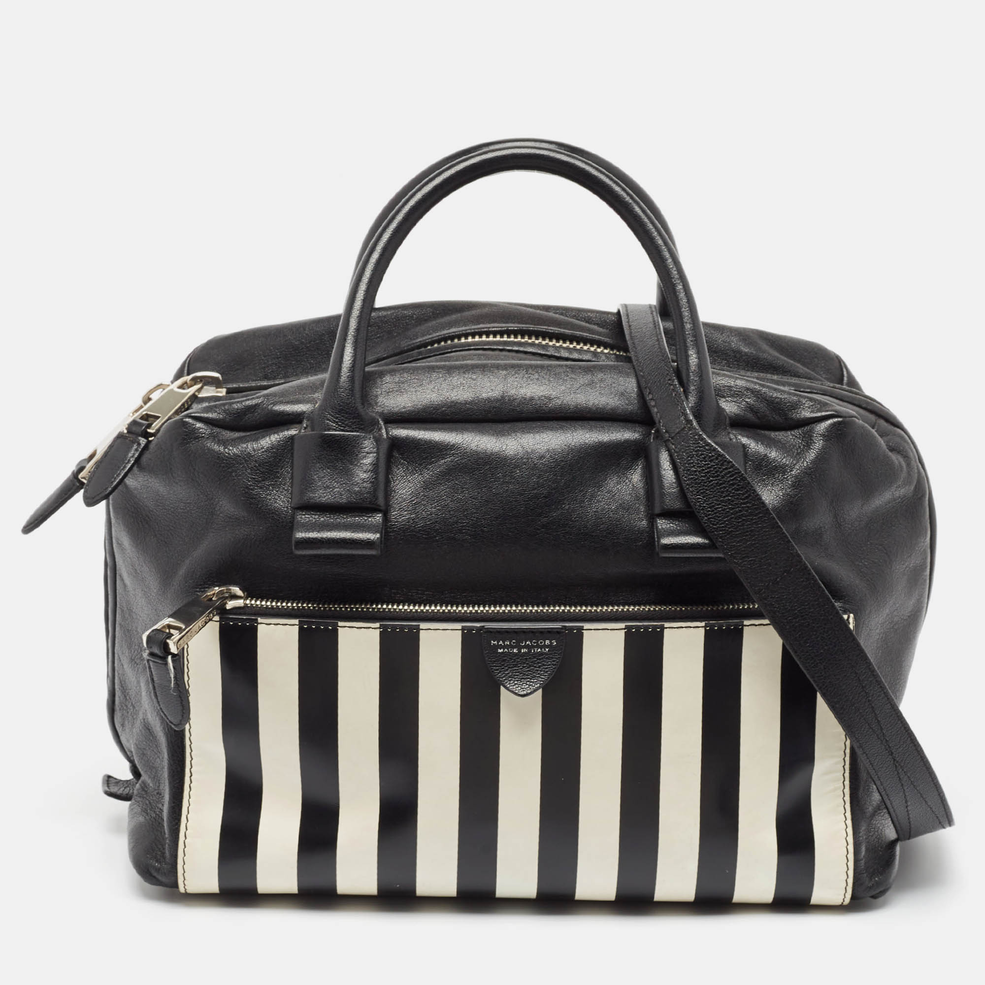 Pre-owned Marc Jacobs Black/white Leather Small Striped Prince Antonia Satchel