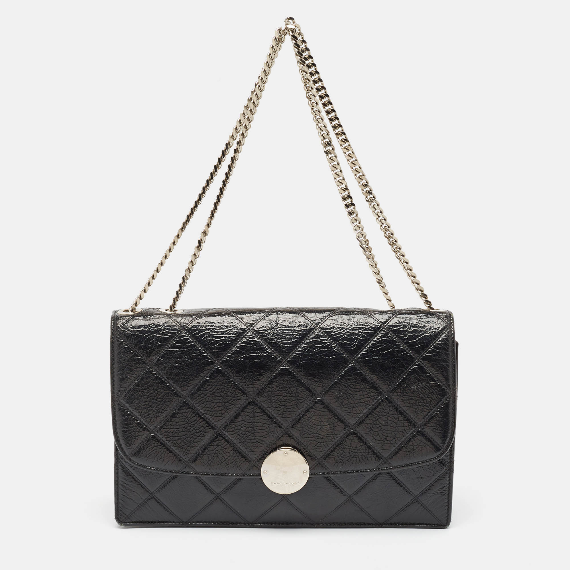 

Marc Jacobs Black Glossy Quilted Leather Trouble Flap Shoulder Bag