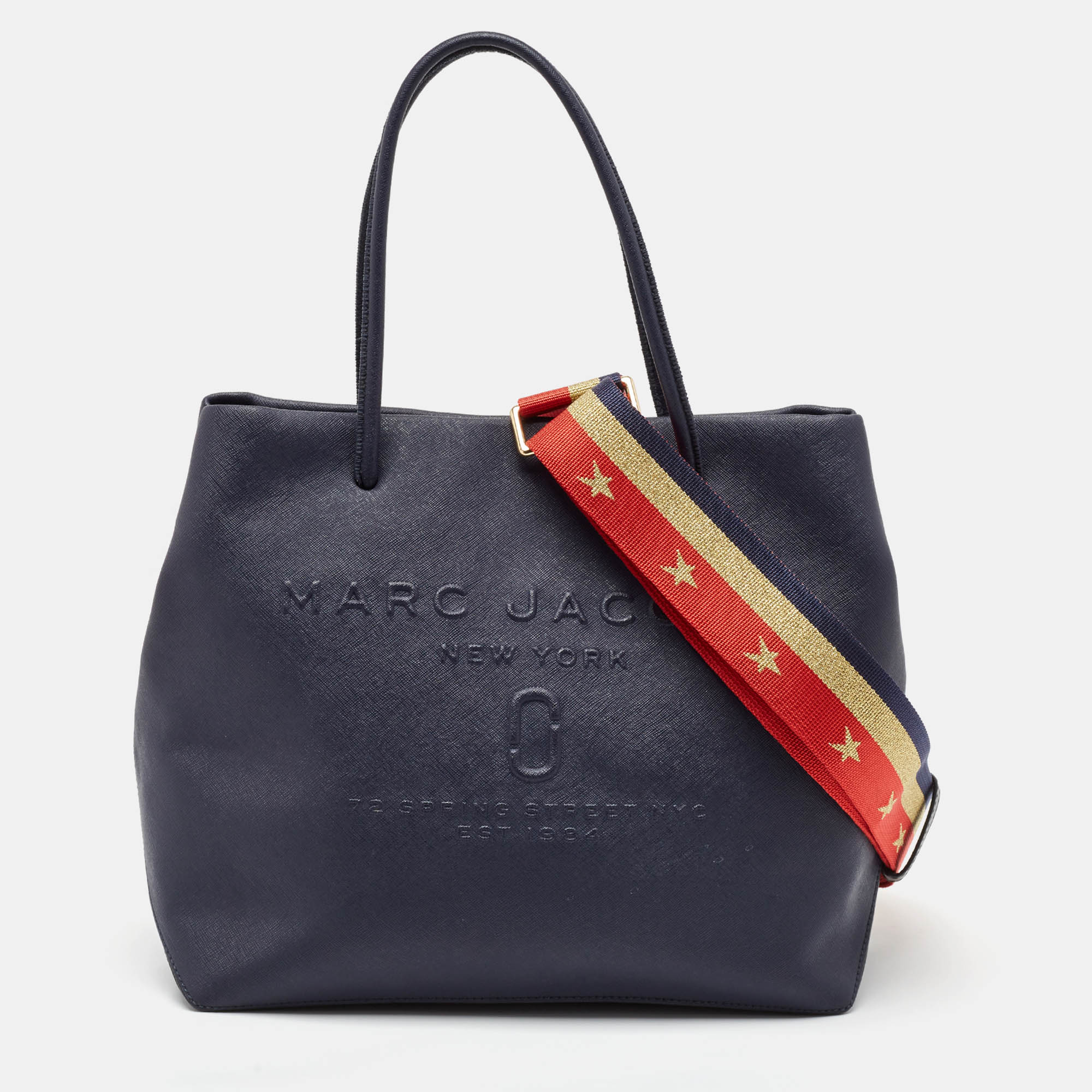 

Marc Jacobs Navy Blue Leather Logo East West Tote