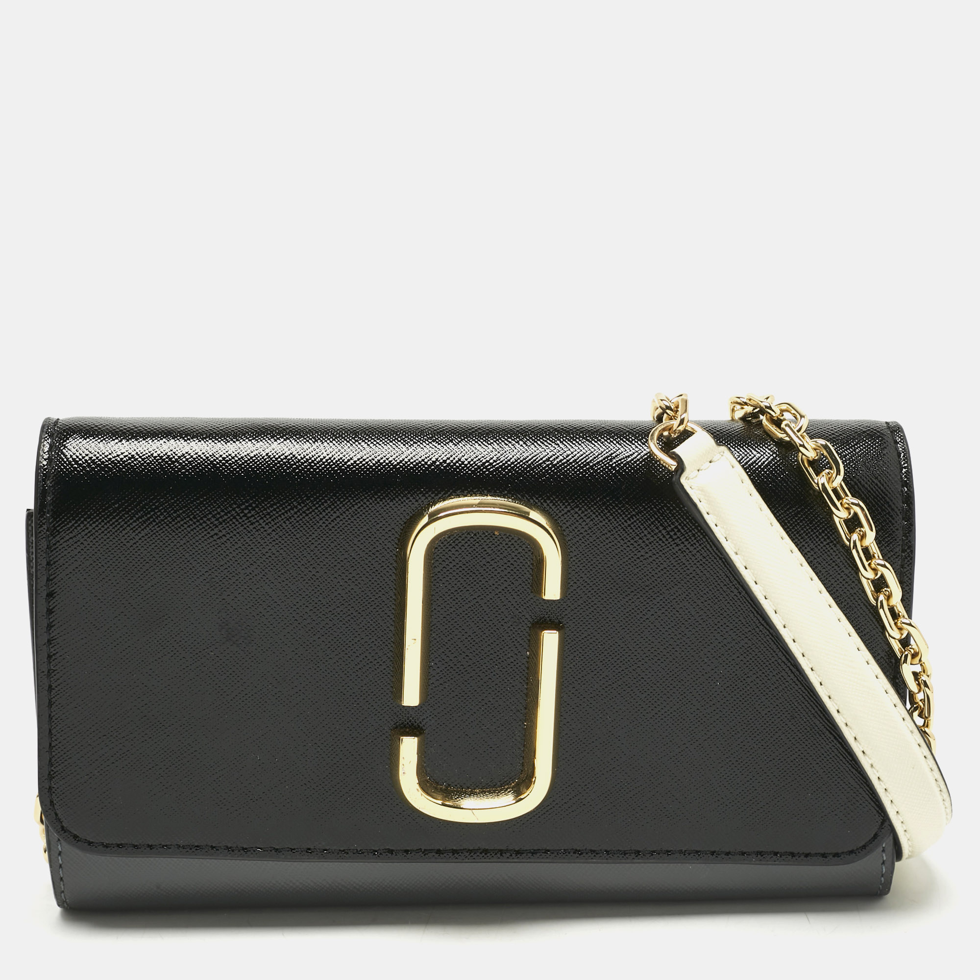 Pre-owned Marc Jacobs Black/grey Glossy Leather Snapshot Wallet On Chain