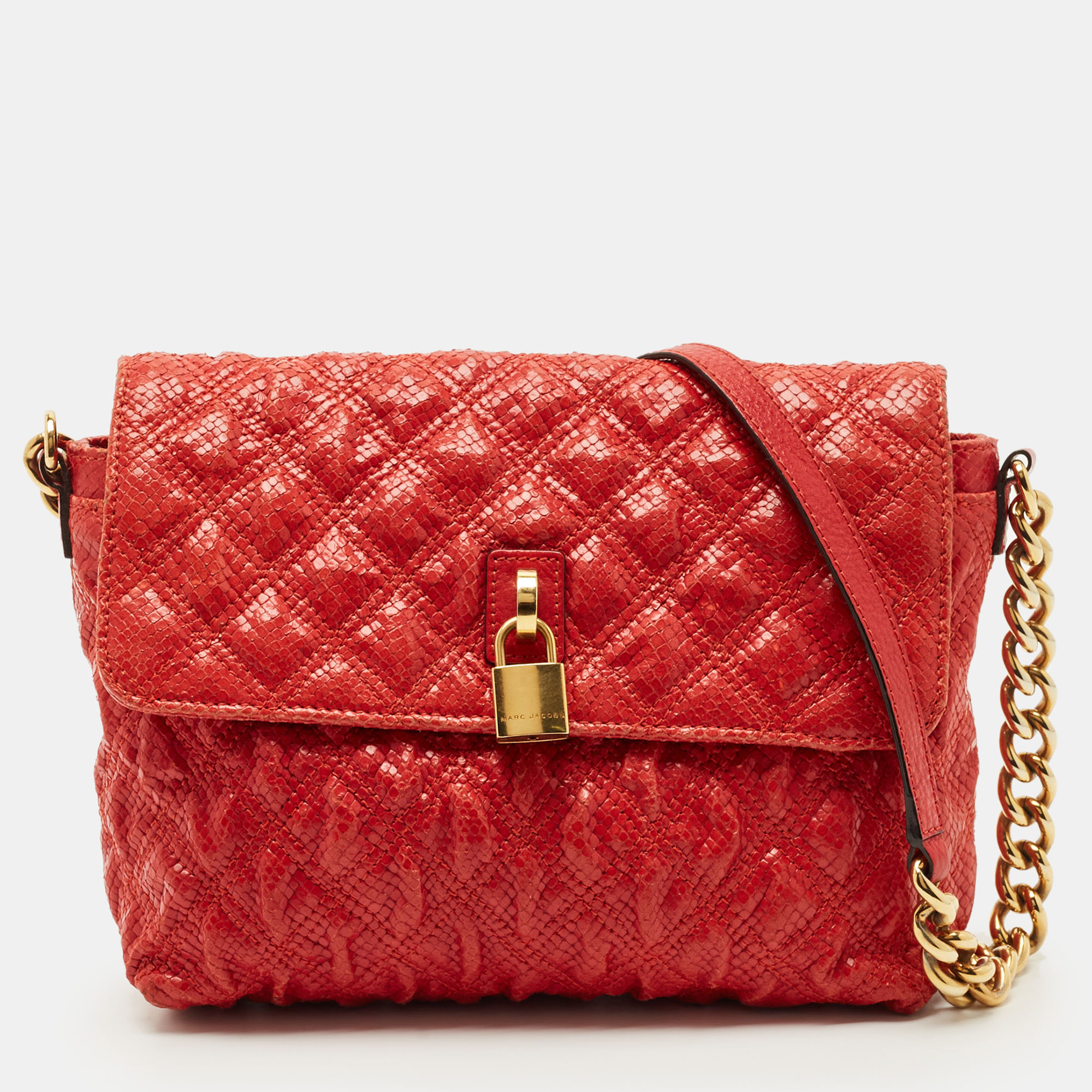 Pre-owned Marc Jacobs Red Quilted Snake Embossed Leather Flap Padlock Shoulder Bag