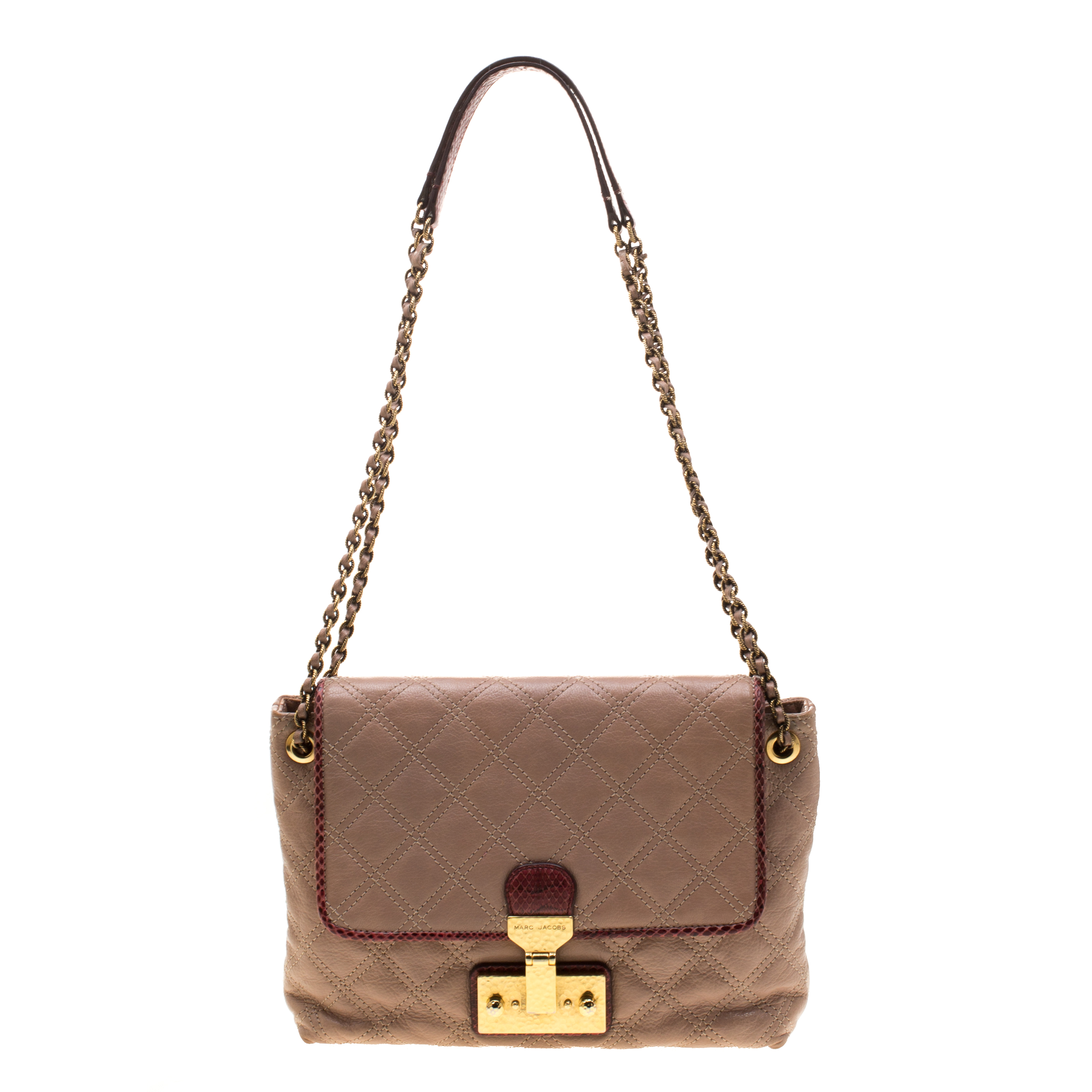 Pre Owned Marc Jacob Peach/Red Quilted Leather and Python Trim Flap Bag