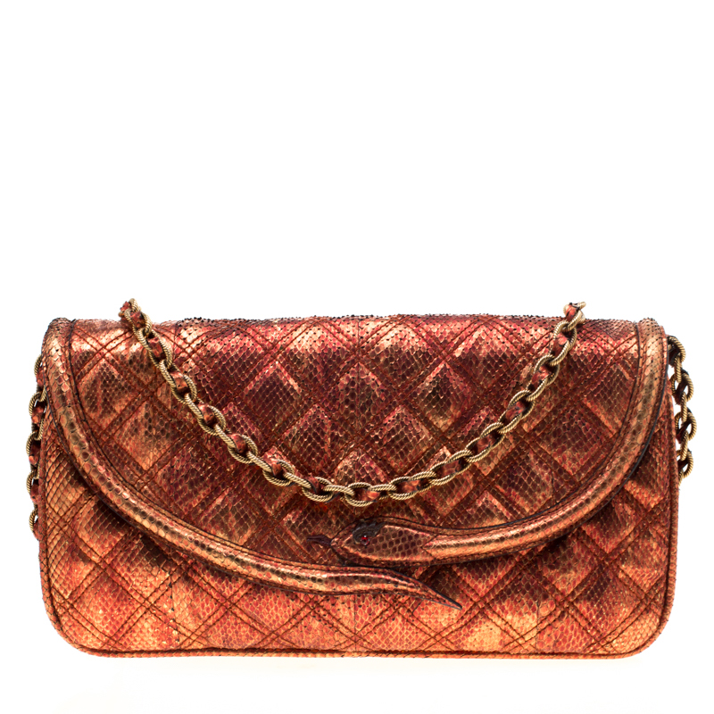 Pre Owned Marc Jacobs Red/Gold Snakeskin Flap Shoulder Bag
