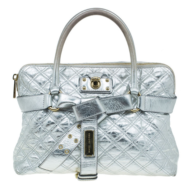 Pre Owned Marc Jacobs Silver Leather Casey Double Quilted Tote