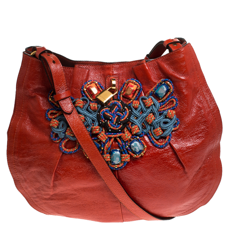 Pre Owned Marc Jacobs Orange Embellished Patent Leather Daisy Hobo